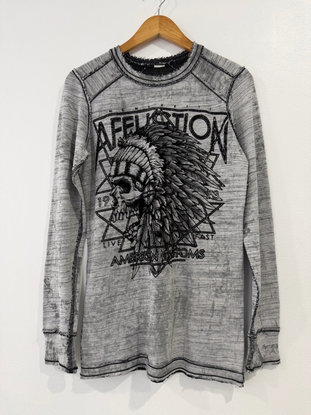 Affliction Reversible Thermal Flocked Velvet Skull‎ Eagle Y2K Grunge Long Sleeve